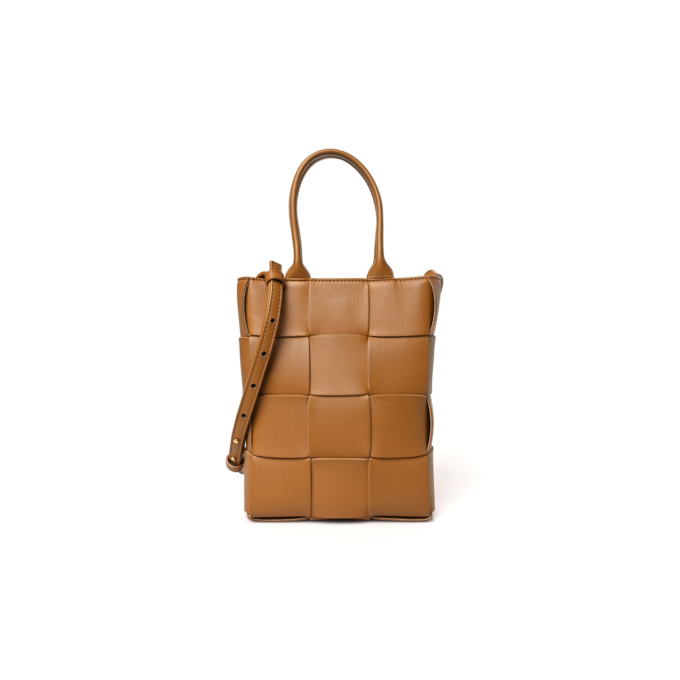 BOTTEGA  VENETA LAMBSKIN MAXI INTRECCIATO MINI NORTH SOUTH CASSETTE TOTE CAMEL GOLD (27*24*5cm)