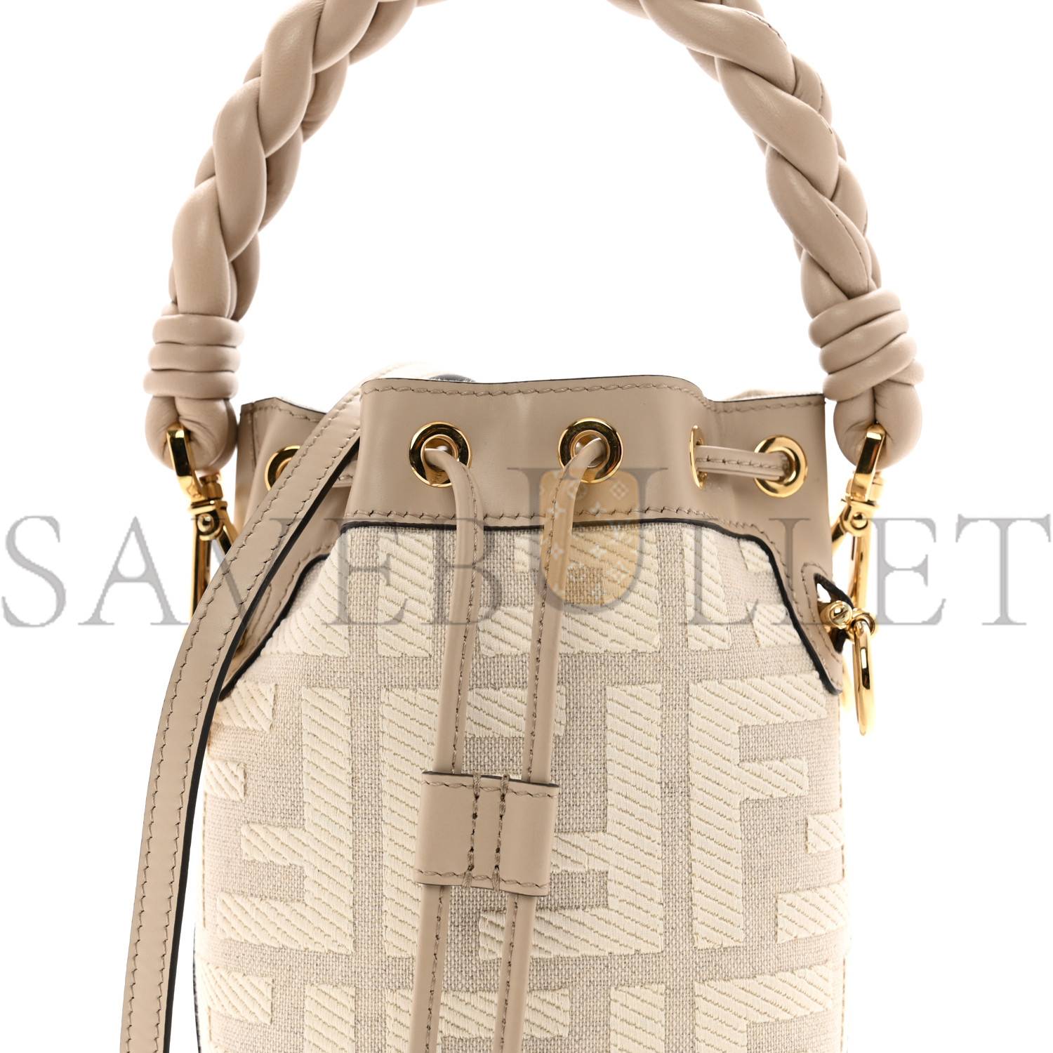 FENDI CANVAS NAPPA F IS FENDI FF EMBROIDERED MINI MON TRESOR BUCKET BAG GREZZO WHITE NUVOLA (18*12*10cm)