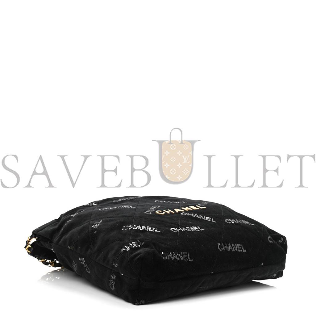 CHANEL VELVET SEQUIN QUILTED CHANEL 22 BLACK GOLD HARDWARE (37*35*7cm)