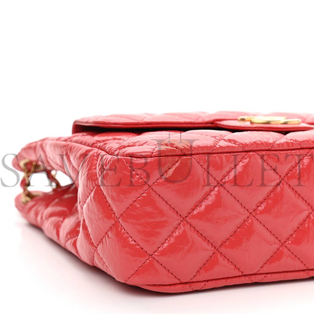 CHANEL SHINY CRUMPLED CALFSKIN QUILTED SMALL HOBO RED GOLD HARDWARE (22*17*7cm)