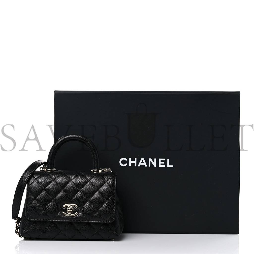 CHANEL CAVIAR QUILTED EXTRA MINI COCO HANDLE FLAP BLACK SILVER HARDWARE  (18*13*9cm)