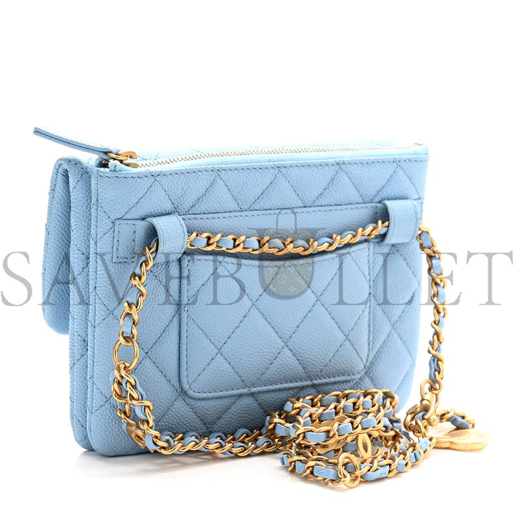 CHANEL SHINY CAVIAR PICK ME UP FLAP BELT BAG LIGHT BLUE GOLD HARDWARE (17*13*3cm)