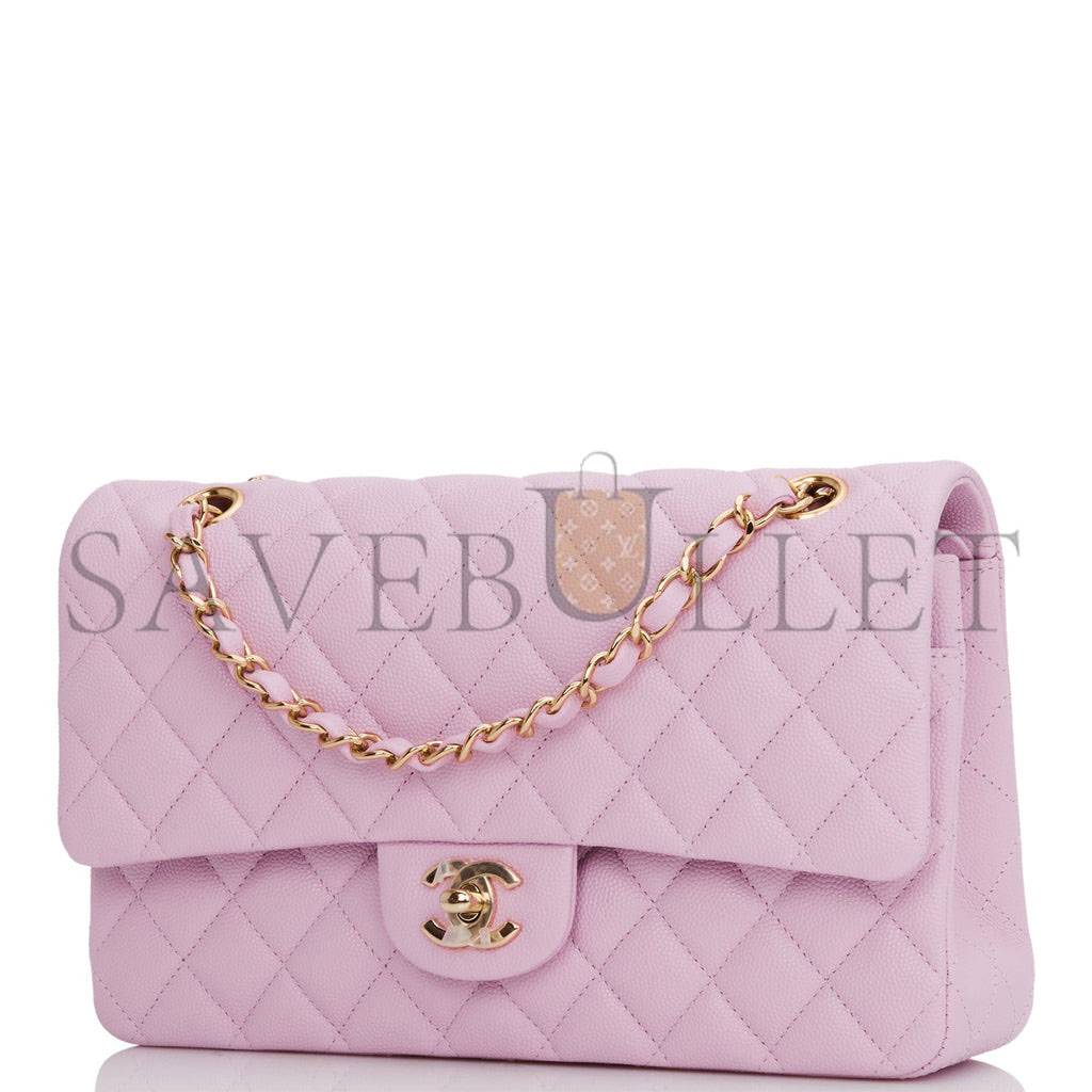 CHANEL MEDIUM CLASSIC DOUBLE FLAP BAG ROSE CLAIR CAVIAR LIGHT GOLD HARDWARE (25*15*7cm)