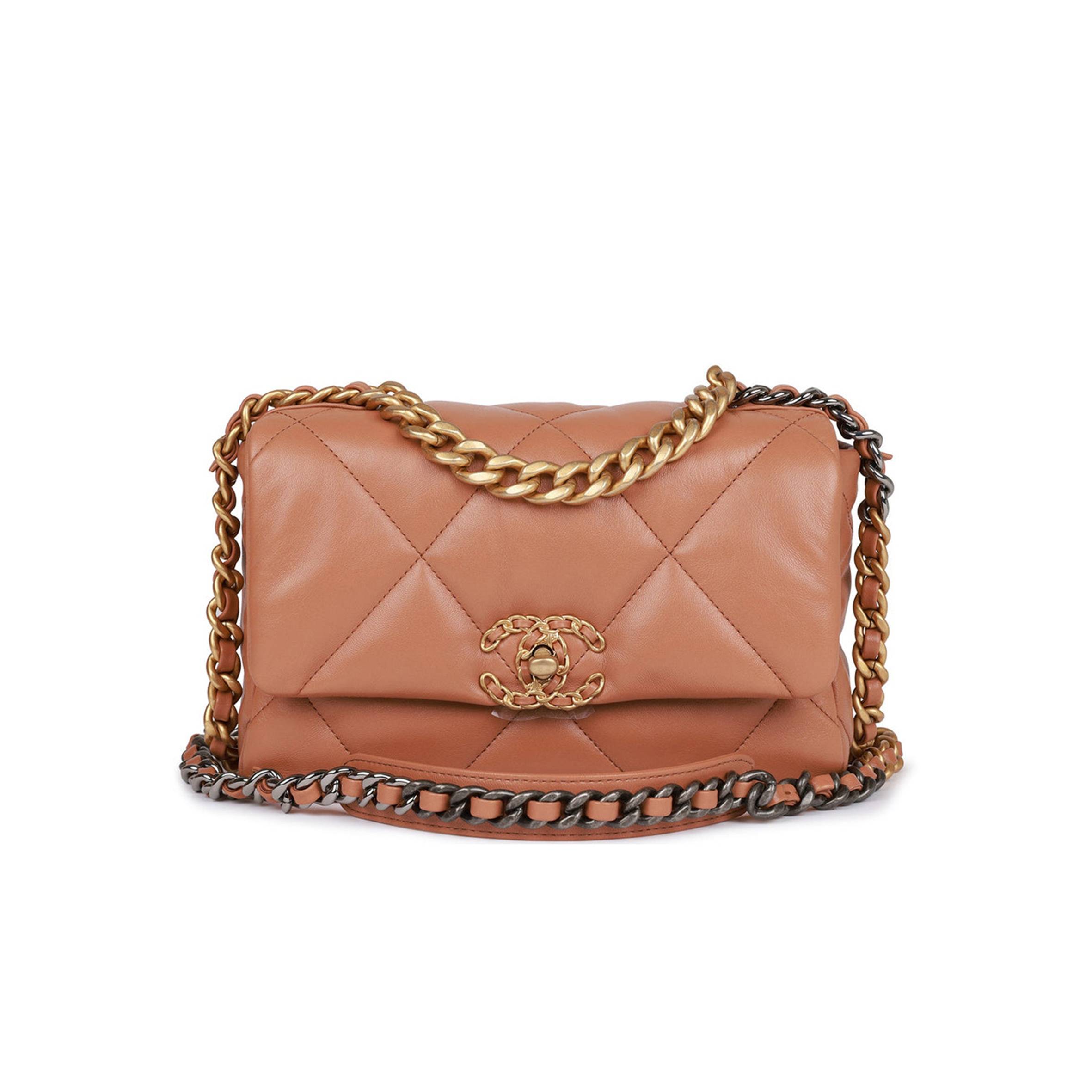 CHANEL MEDIUM 19 FLAP BAG CARAMEL CALFSKIN MIXED HARDWARE (25*16*9cm)