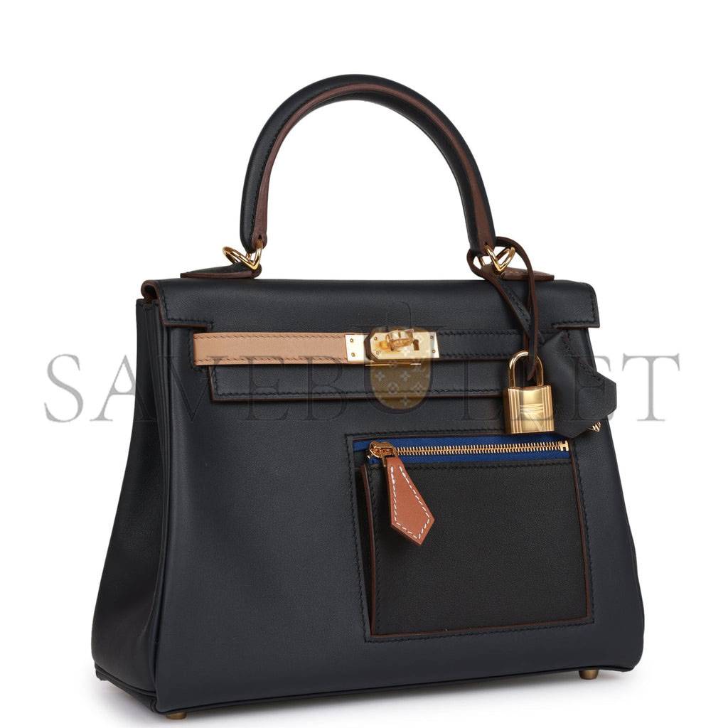 HERMES COLORMATIC KELLY RETOURNE 25 CABAN, BLACK AND CHAI SWIFT GOLD HARDWARE HANDMADE (25cm)