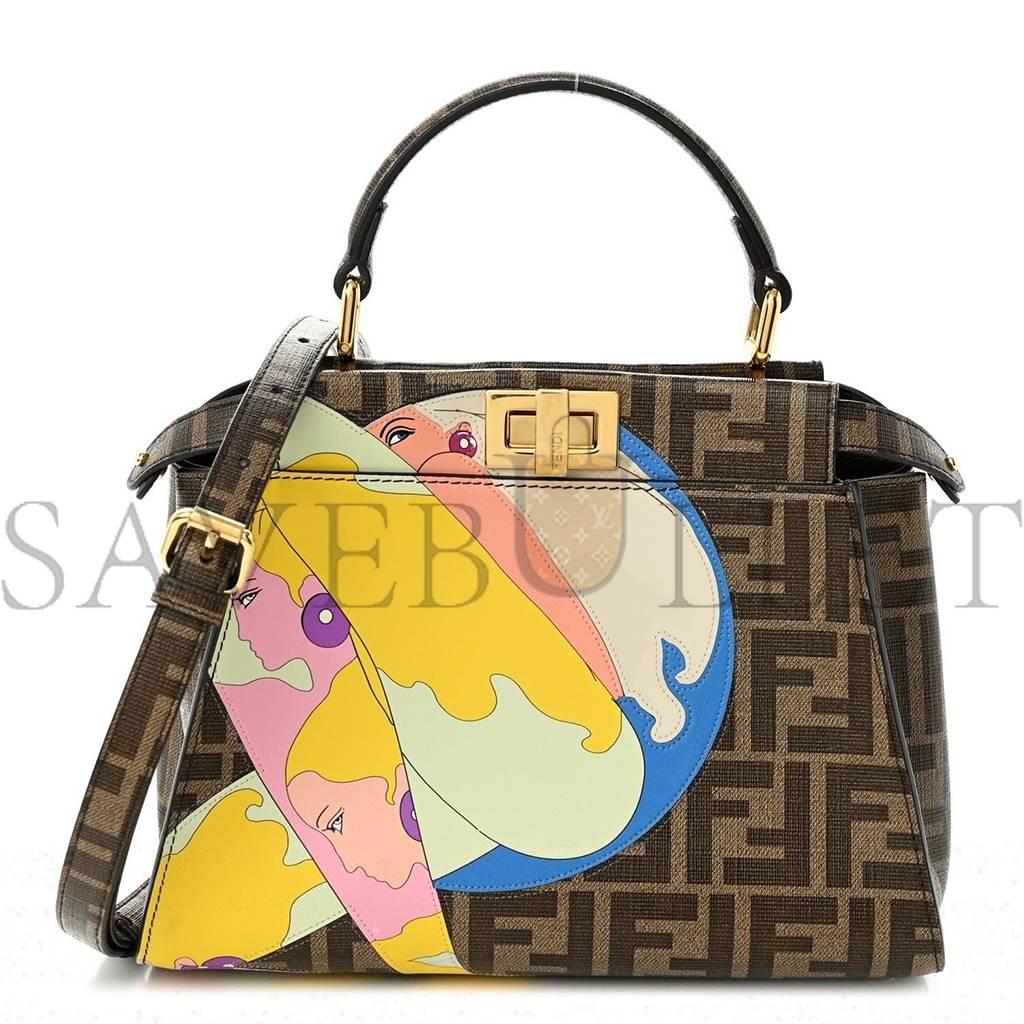 FENDI GLAZED FABRIC VITELLO FF 1974 HAIRDO GIRLS INLAY MINI PEEKABOO ICONIC SATCHEL MOGANO PANNA MULTICOLOR (23*18*13cm)