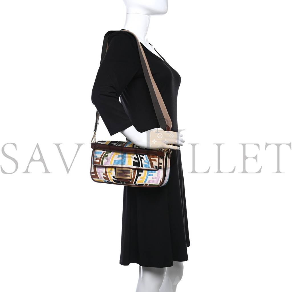 FENDI X SARA COLEMAN CANVAS VITELLO KING SETA FF FISH EYE EMBROIDERED BAGUETTE GREZZO MULTICOLOR GHIANDA (28*15*6cm)