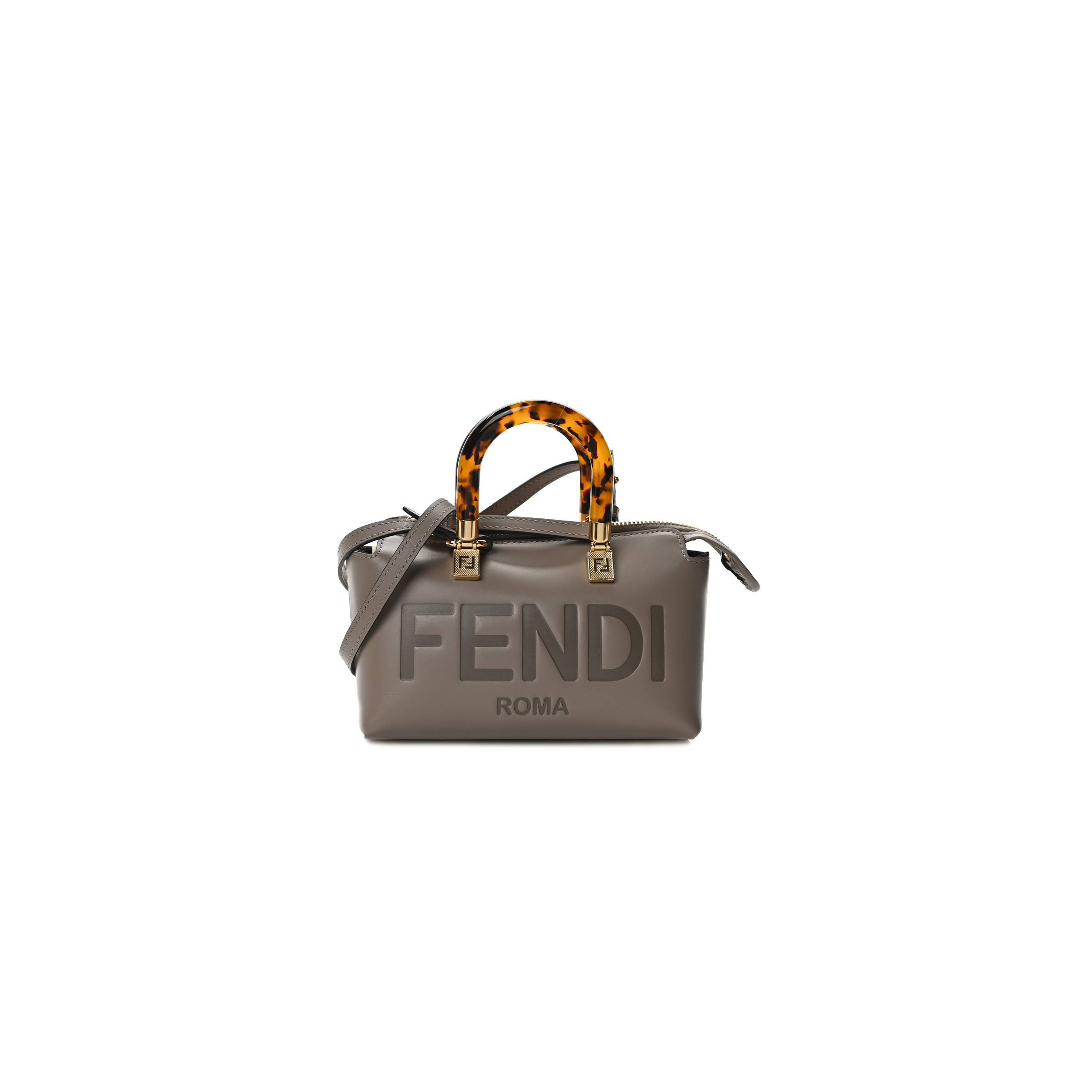 FENDI VITELLO KING PLEXIGLASS LOGO EMBOSSED MINI BY THE WAY TOP HANDLE BOSTON BAG TORTORA (18*11*8cm)